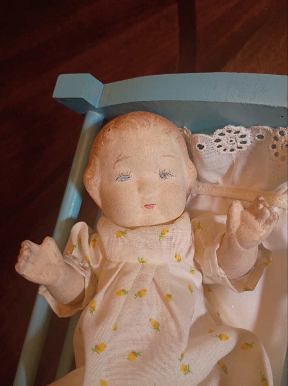 Vintage Occupied Japan WWII Por/Bisque Baby Doll Jointed String Body Cradle Set